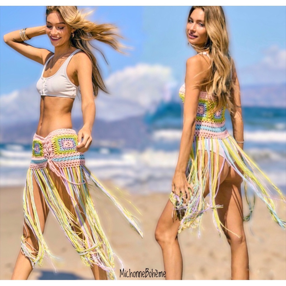 Davi & Dani Pastel Rainbow Crochet Fringed Convertible Top to Skirt - Picture 13 of 16